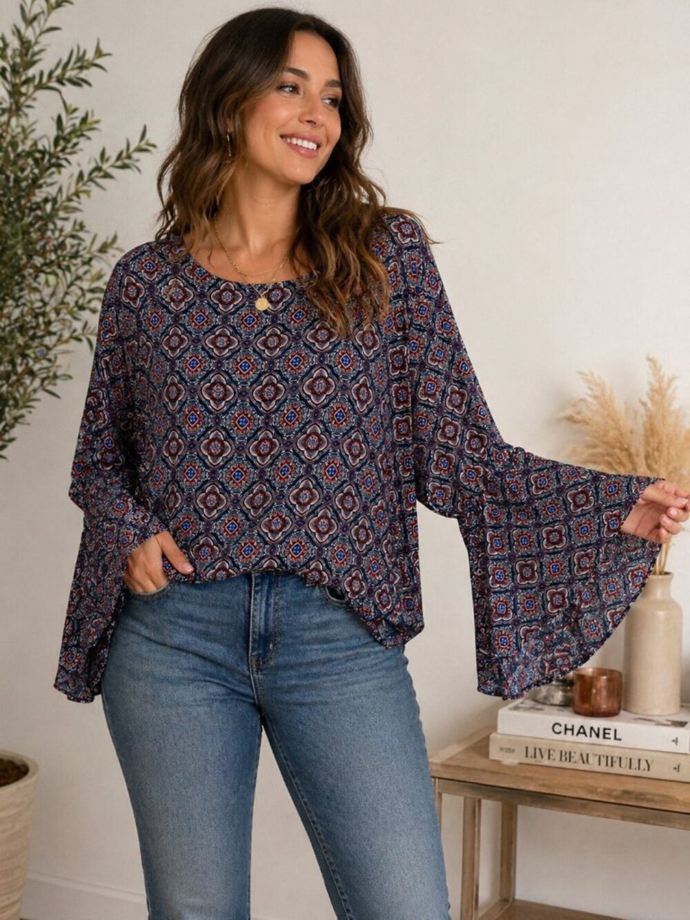 Boho Geometric Bell-Sleeve Top in Navy